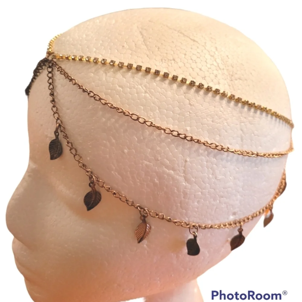 Urban Boutique - Rhinestone and Leaves‎ Gold Chain Head Piece